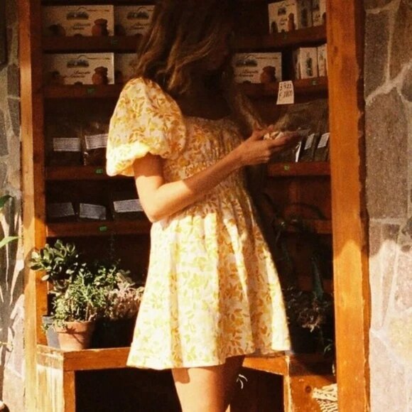 Peony Swimwear Linen Smocked Mini Dress Daffodil Floral Dress- M - Picture 9 of 11